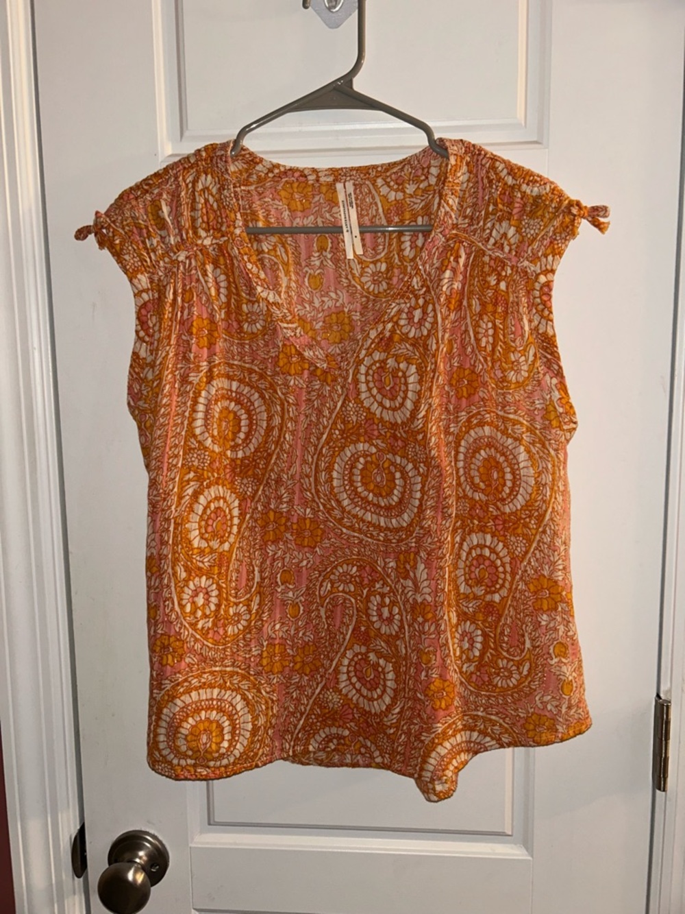 Anthropologie Terra Shirred Blouse Orange Paisley Tassel Boho Top Medium